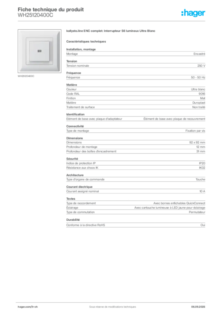 Image Hager Fiche technique du produit WH25120400C | Hager Suisse