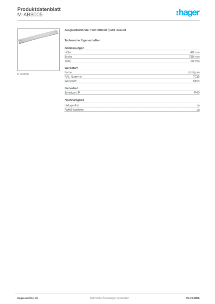 Bild Hager Produktdatenblatt M-AB8005 | Hager Schweiz