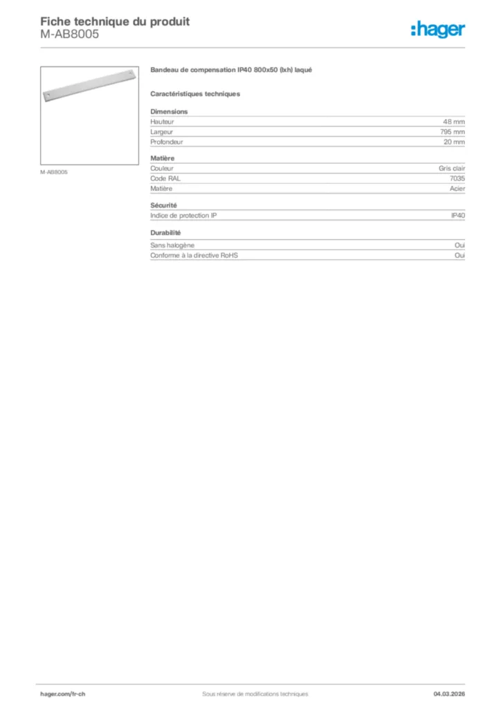 Image Hager Fiche technique du produit M-AB8005 | Hager Suisse