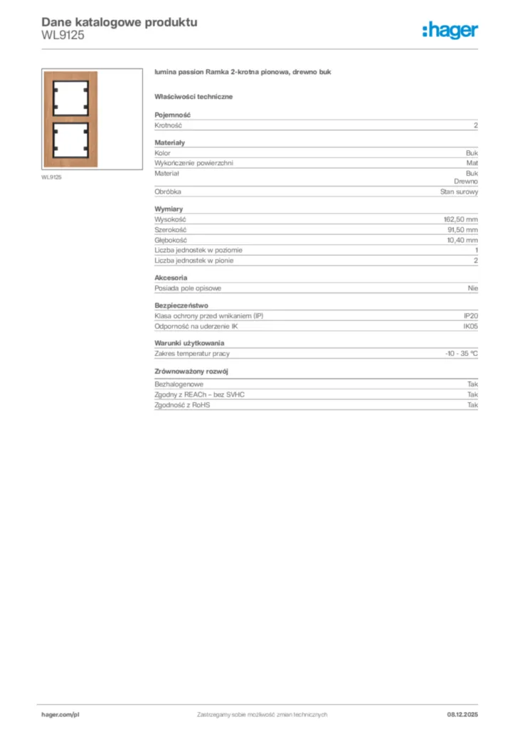 Zdjęcie Hager Karta katalogowa WL9125 | Hager Polska