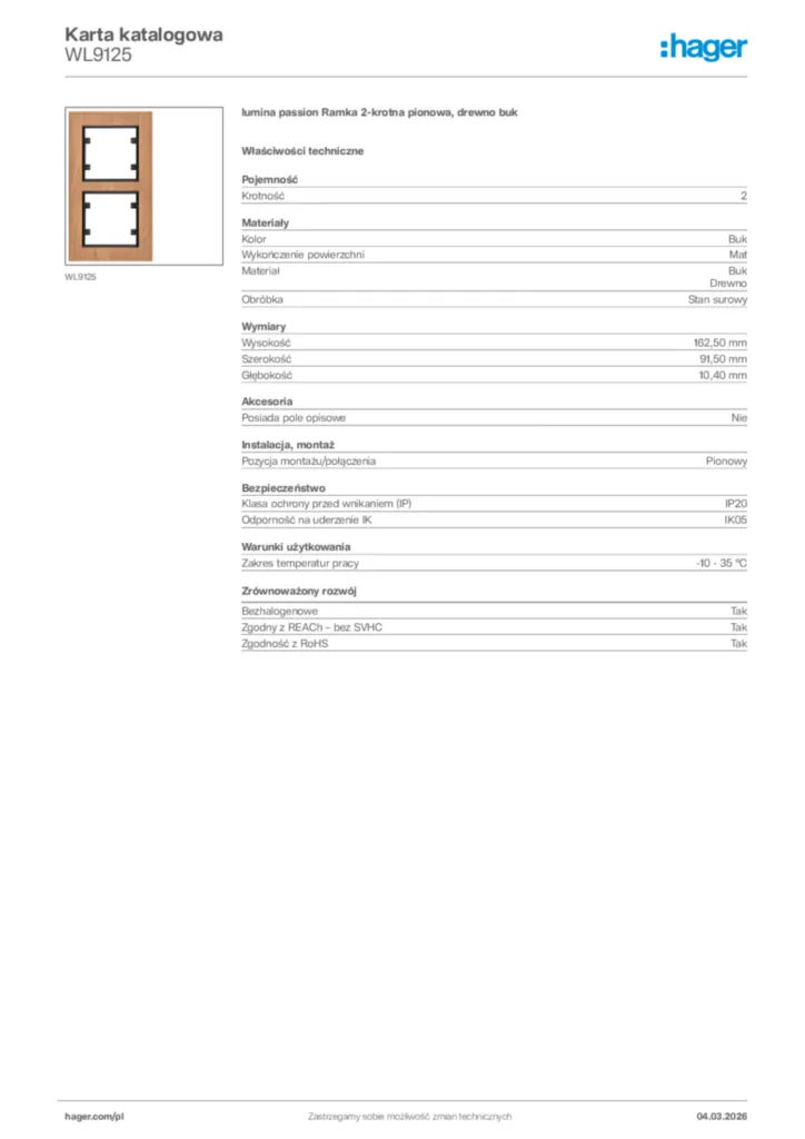 Zdjęcie Hager Karta katalogowa WL9125 | Hager Polska