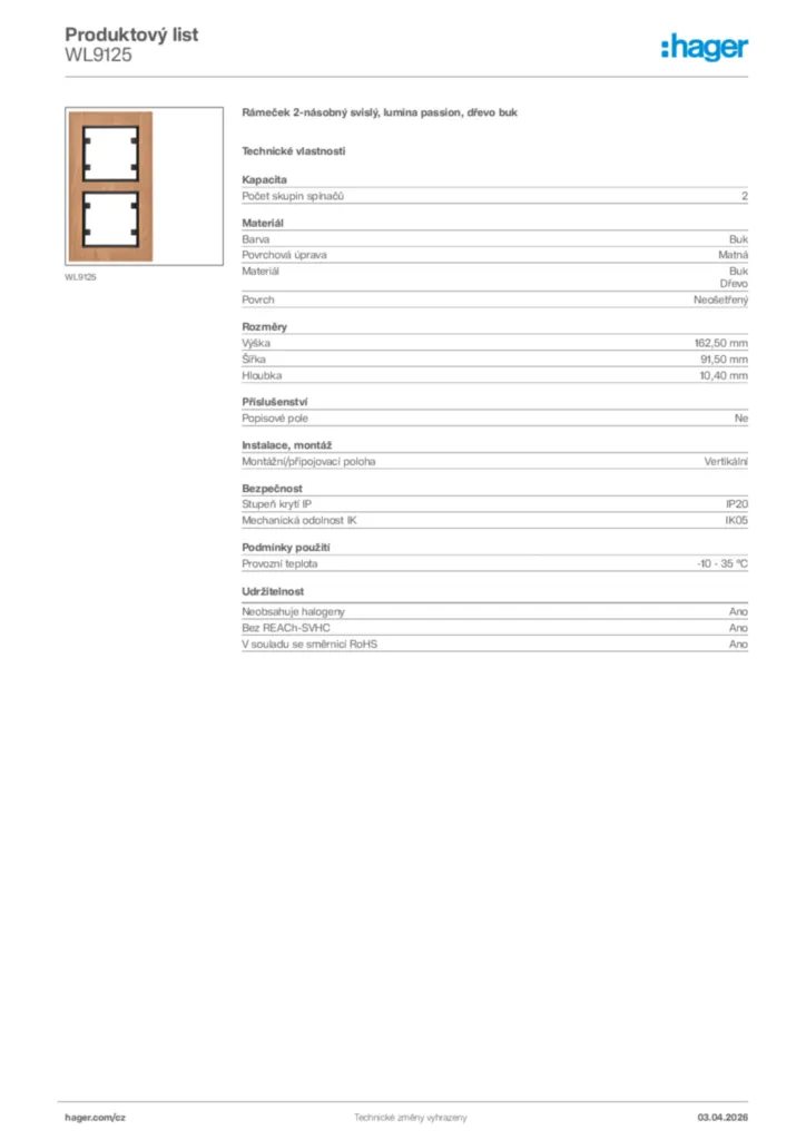 Obrázek Hager Product data sheet WL9125 | Hager