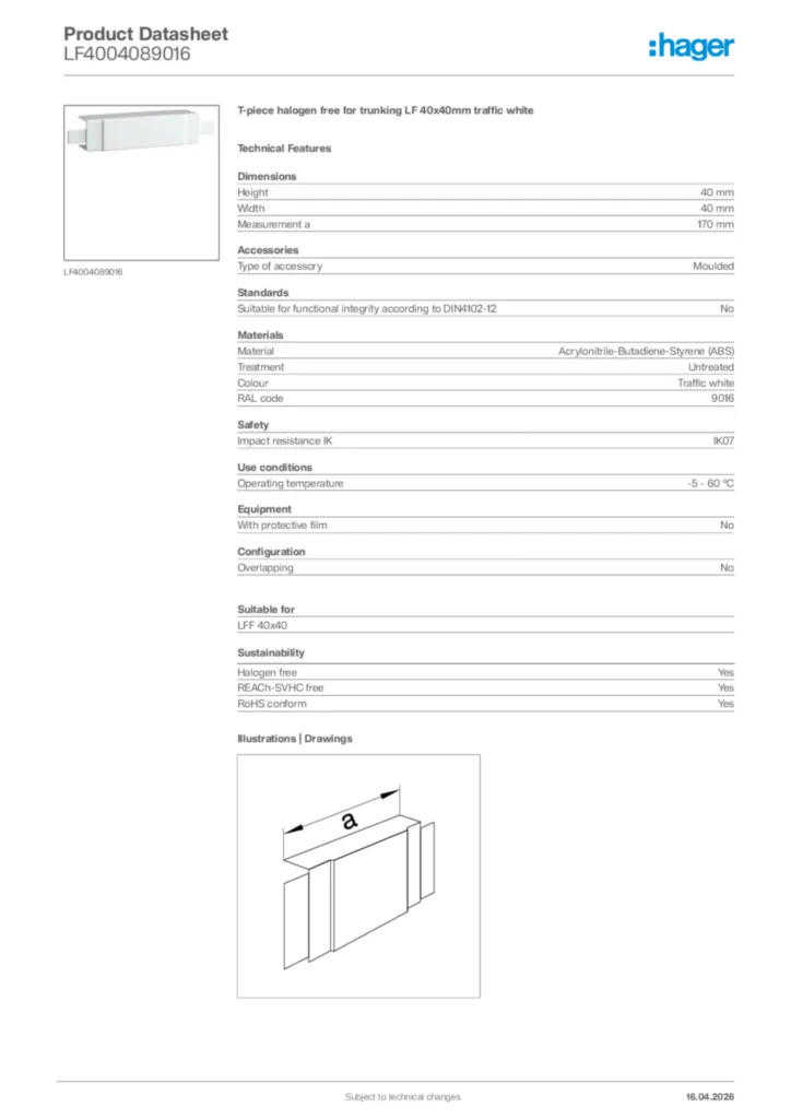 Image Hager Product data sheet LF4004089016  | Hager Africa