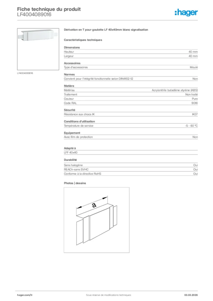Image Hager Fiche technique du produit LF4004089016 | Hager France
