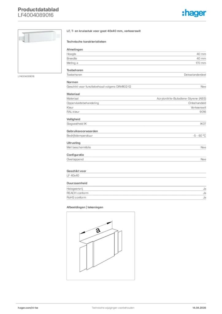 Afbeelding Hager Productdatablad LF4004089016 | Hager Belgium