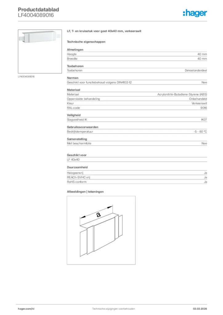 Afbeelding Hager Productdatablad LF4004089016 | Hager Nederland