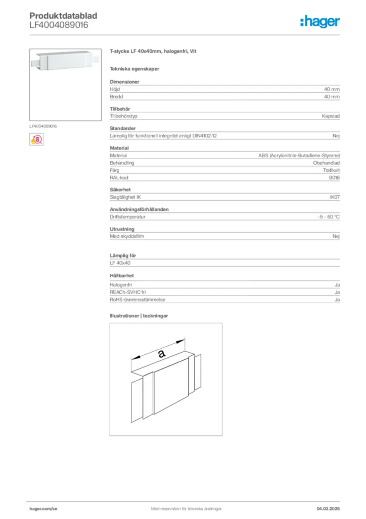 Bild Hager Produktdatablad LF4004089016 | Hager Sverige