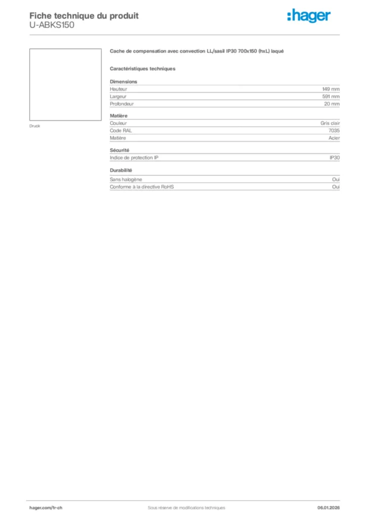 Image Hager Fiche technique du produit U-ABKS150 | Hager Suisse
