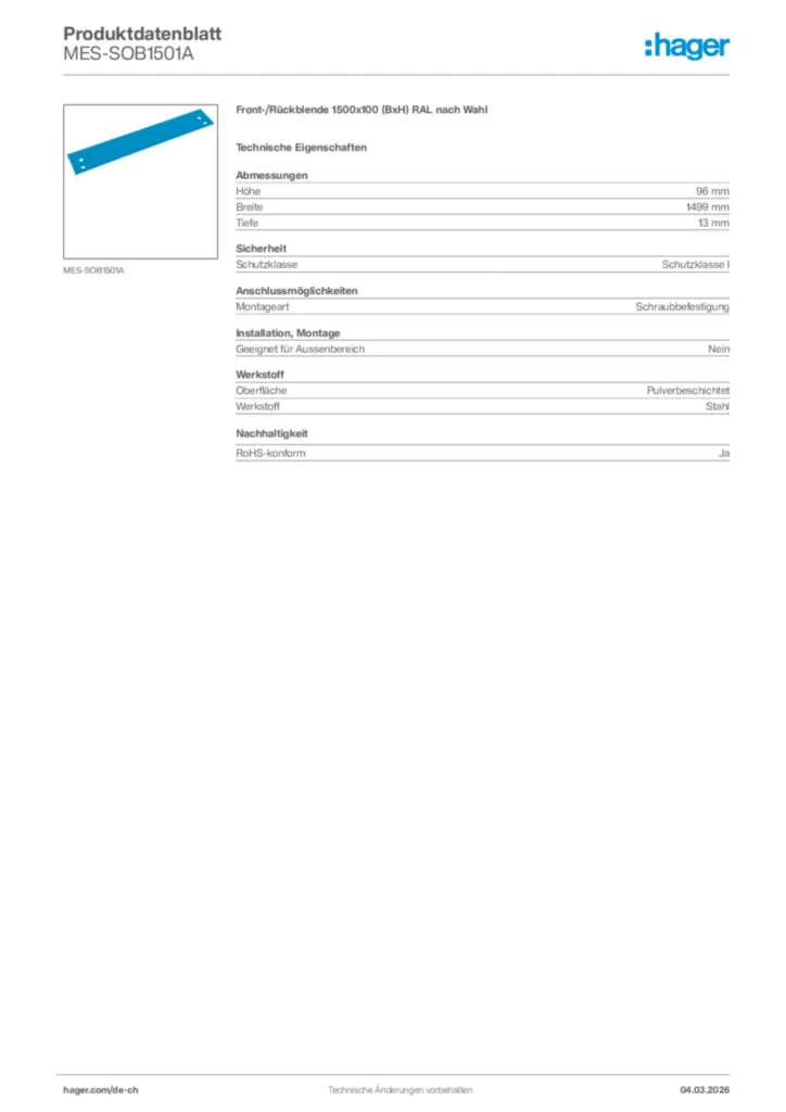 Bild Hager Produktdatenblatt MES-SOB1501A | Hager Schweiz