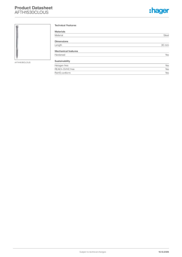 Image Hager Product data sheet AFTH1530CLOUS  | Hager Africa