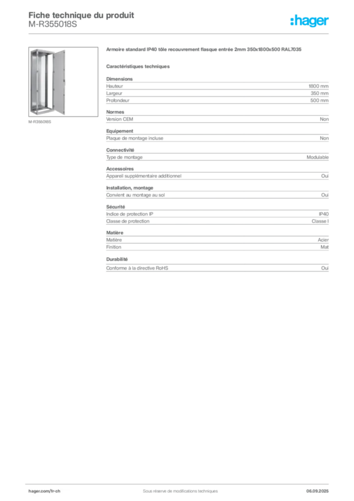 Image Hager Fiche technique du produit M-R355018S | Hager Suisse