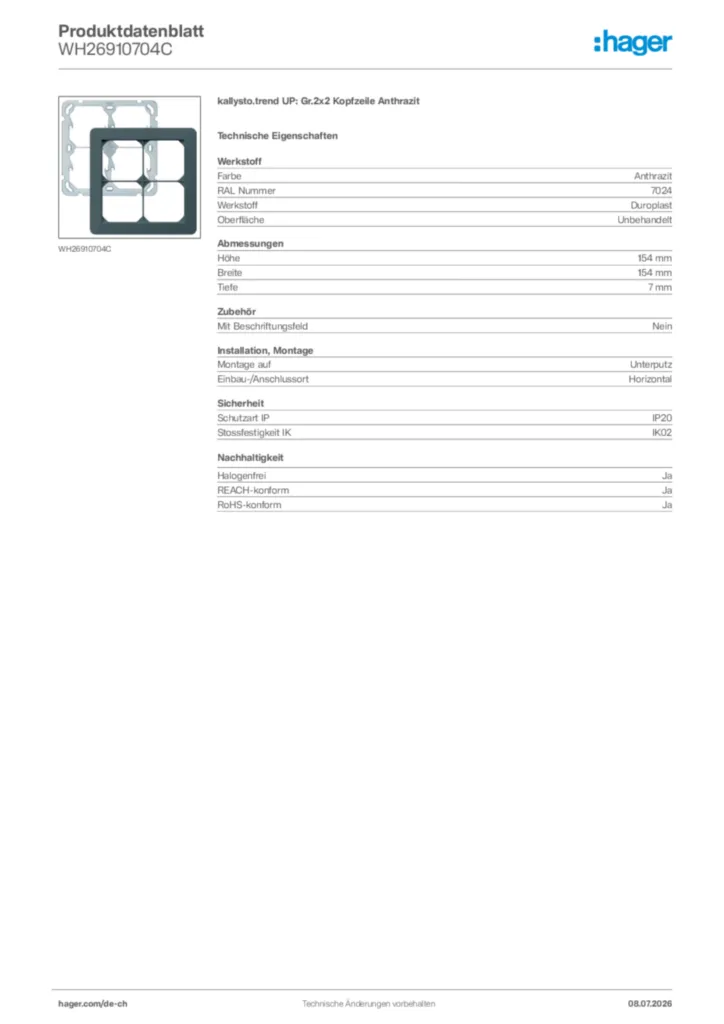 Bild Hager Produktdatenblatt WH26910704C | Hager Schweiz