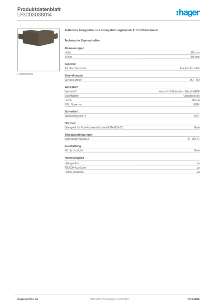 Bild Hager Produktdatenblatt LF3003038014 | Hager Schweiz
