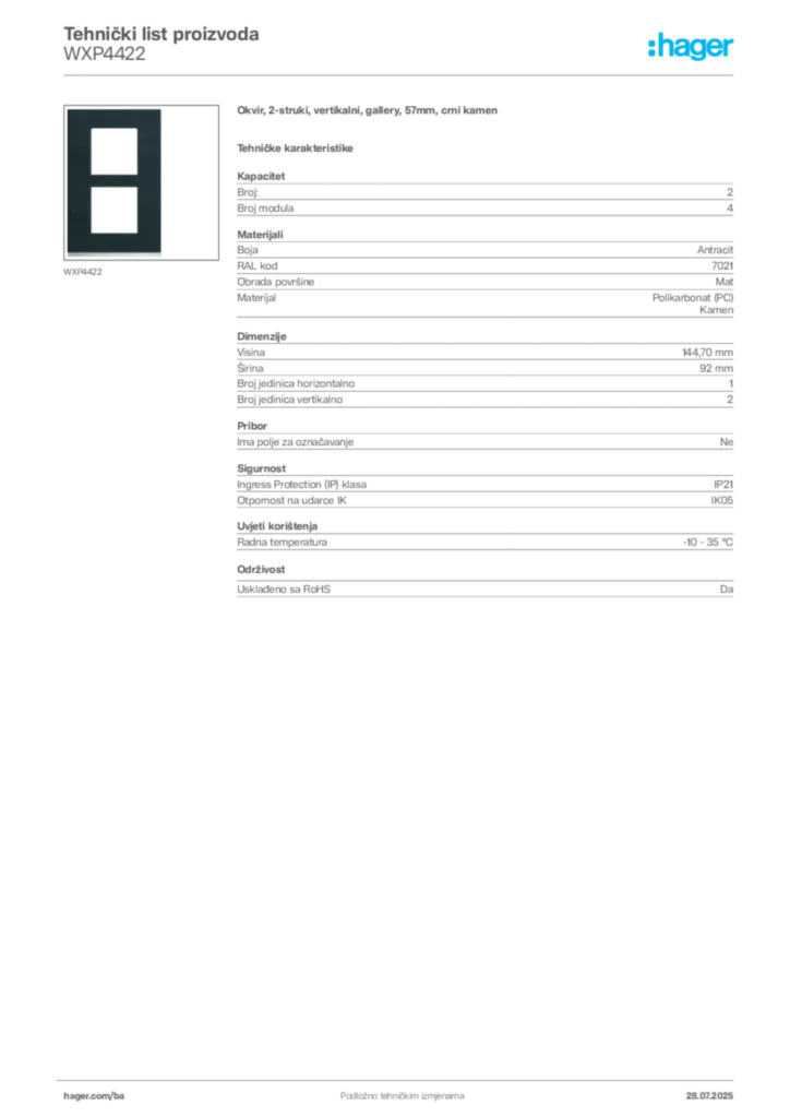 Slika Hager Product data sheet WXP4422  | Hager