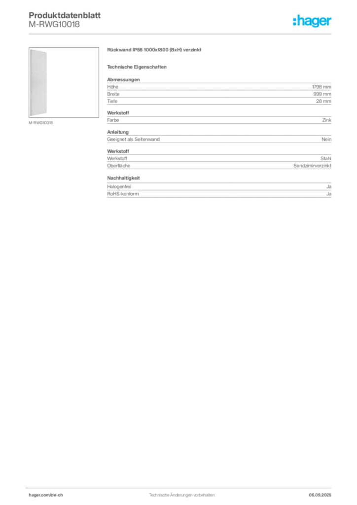 Bild Hager Produktdatenblatt M-RWG10018 | Hager Schweiz