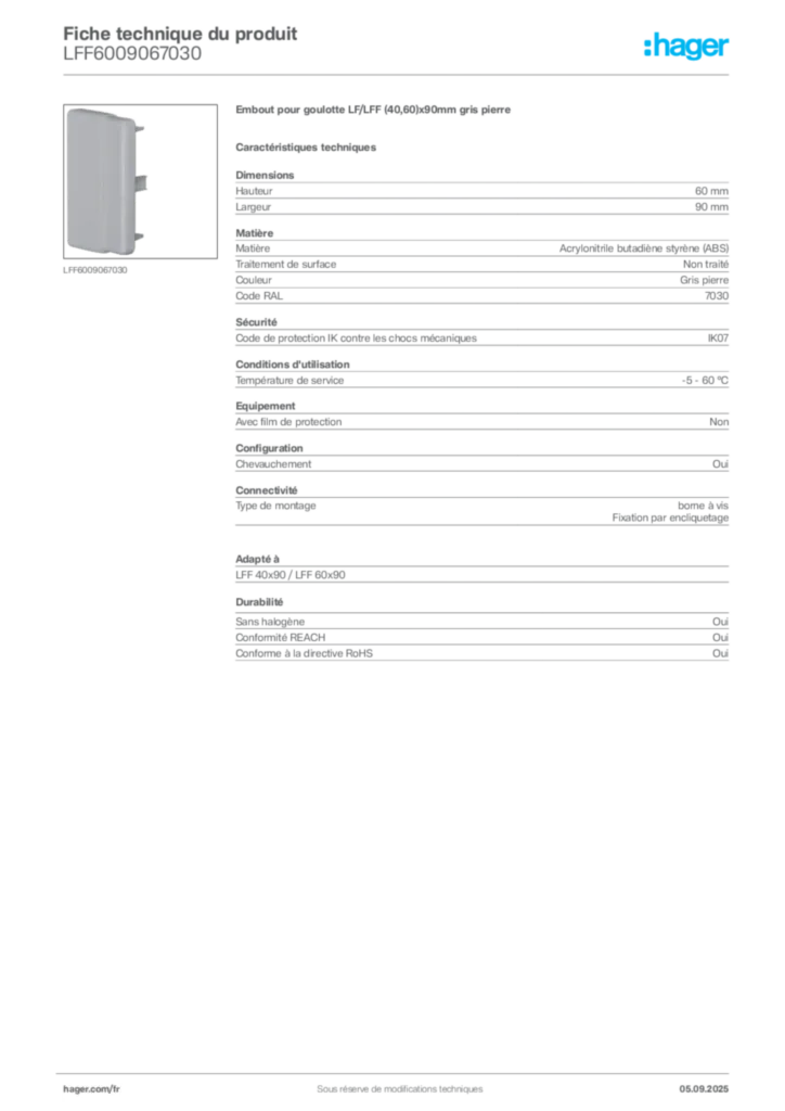 Image Hager Fiche technique du produit LFF6009067030 | Hager France