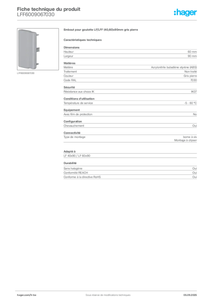 Image Hager Fiche technique du produit LFF6009067030 | Hager Belgique