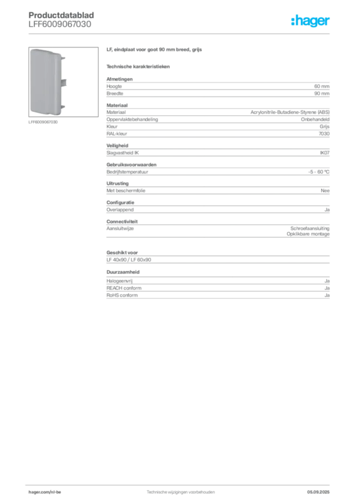 Afbeelding Hager Productdatablad LFF6009067030 | Hager Belgium