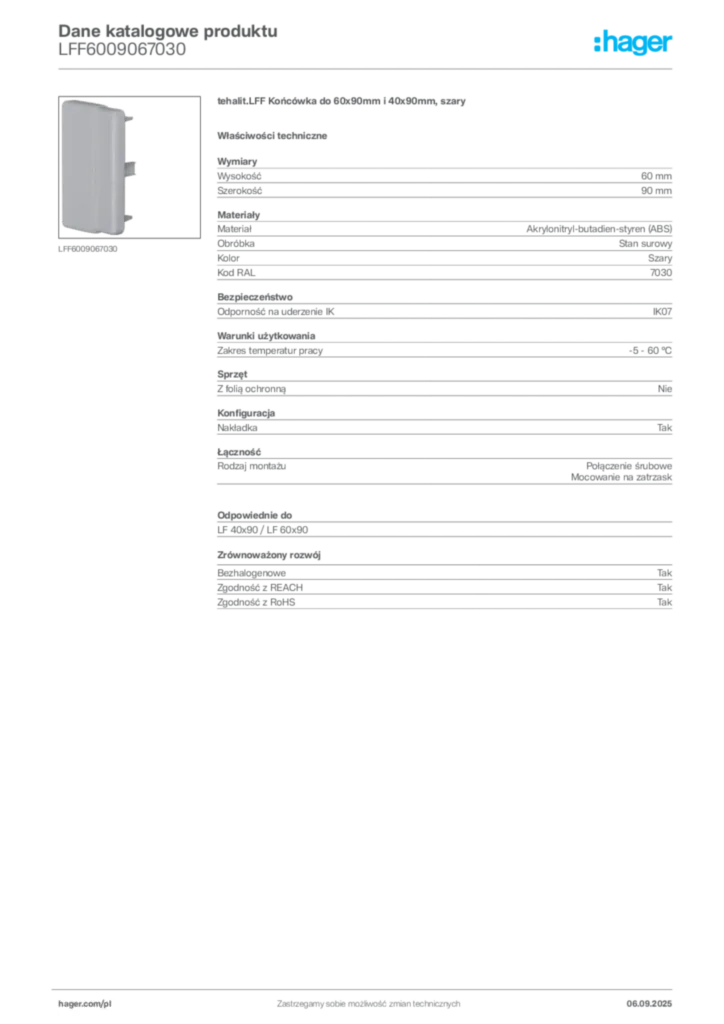 Zdjęcie Hager Dane katalogowe produktu LFF6009067030 | Hager Polska