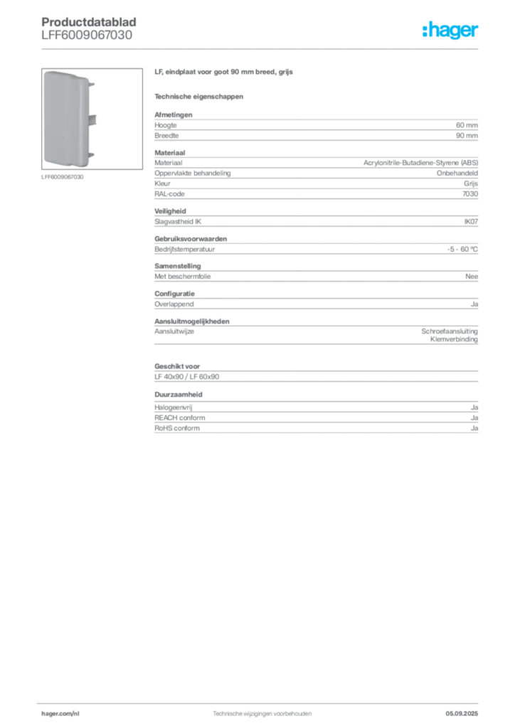 Afbeelding Hager Productdatablad LFF6009067030 | Hager Nederland