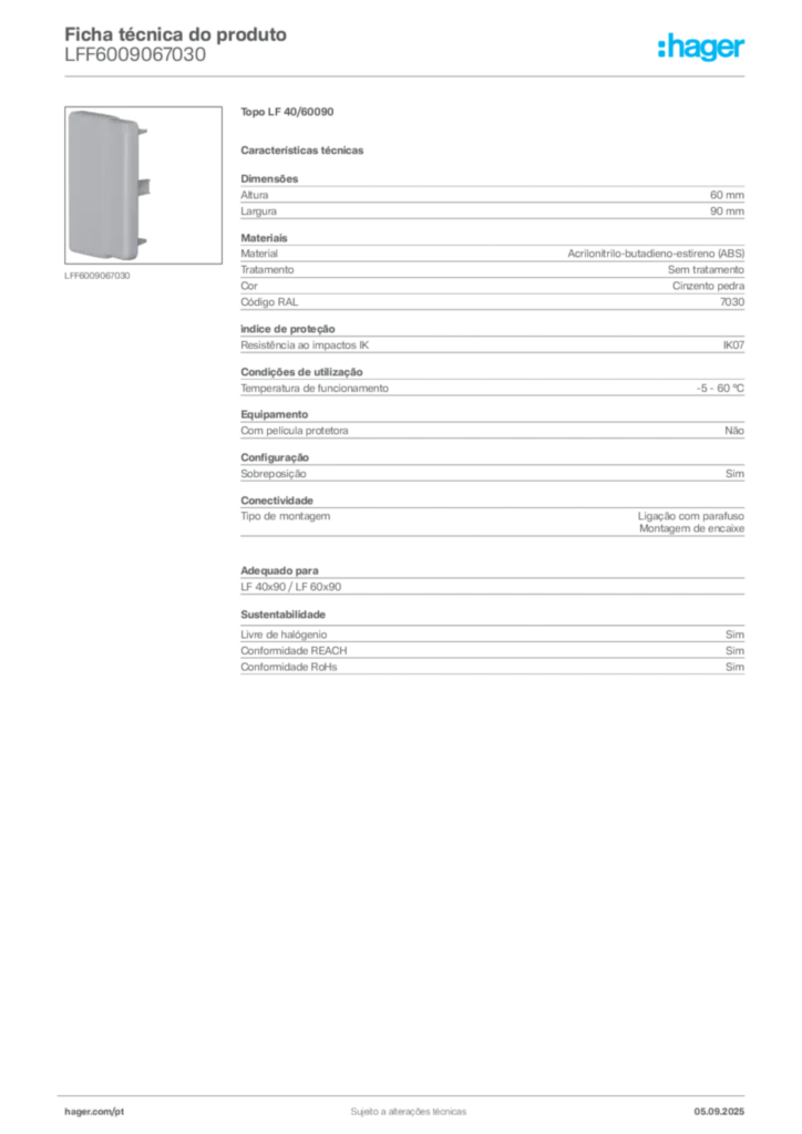 Imagem Hager Ficha técnica do produto LFF6009067030 | Hager Portugal