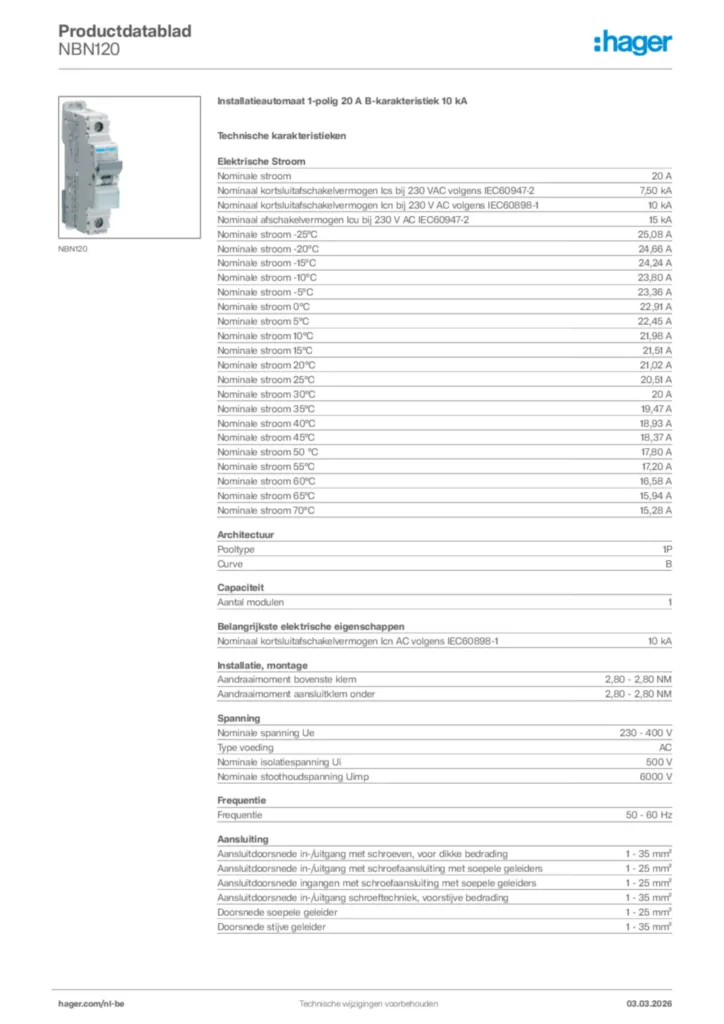 Afbeelding Hager Productdatablad NBN120 | Hager Belgium