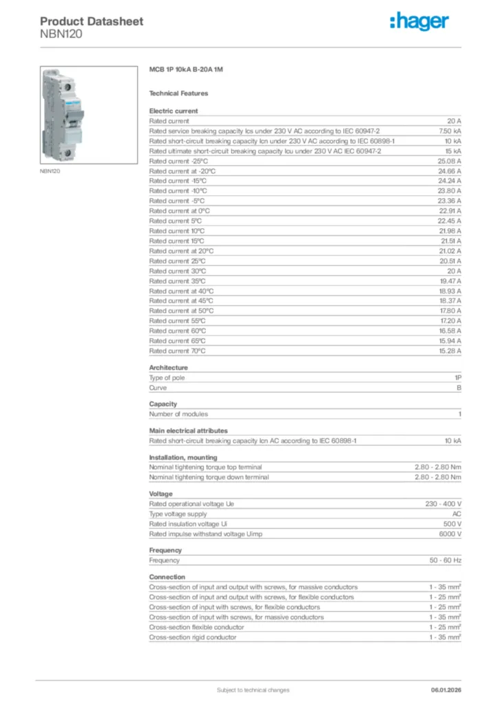 Image Hager Product data sheet NBN120  | Hager