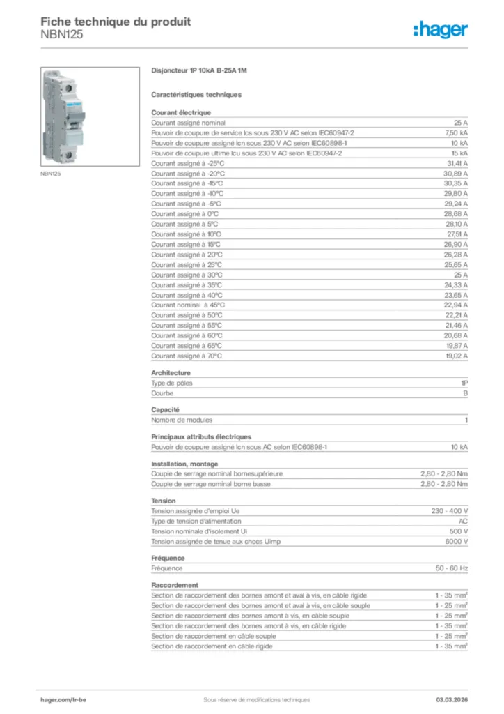 Image Hager Fiche technique du produit NBN125 | Hager Belgique