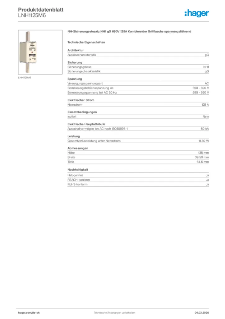 Bild Hager Produktdatenblatt LNH1125M6 | Hager Schweiz