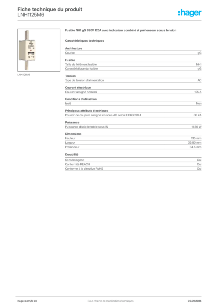 Image Hager Fiche technique du produit LNH1125M6 | Hager Suisse
