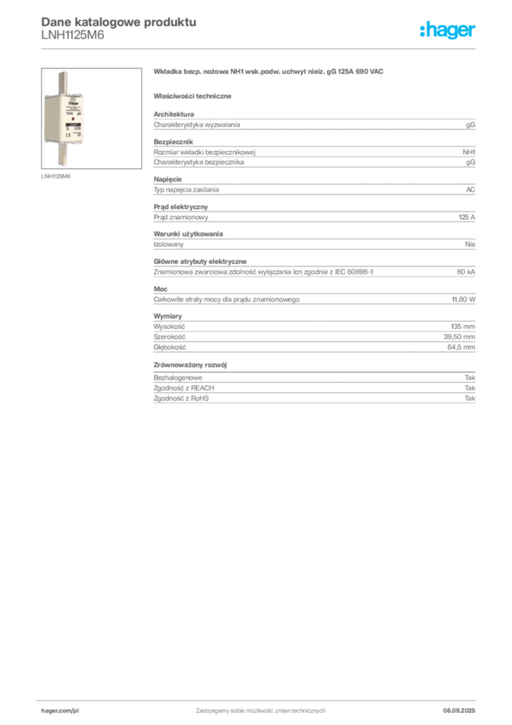 Zdjęcie Hager Dane katalogowe produktu LNH1125M6 | Hager Polska