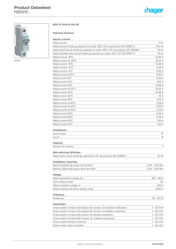 Image Hager Product data sheet NBN110  | Hager