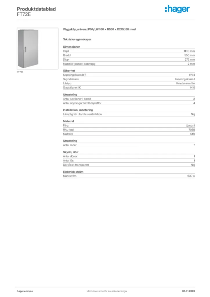 Bild Hager Produktdatablad FT72E | Hager Sverige