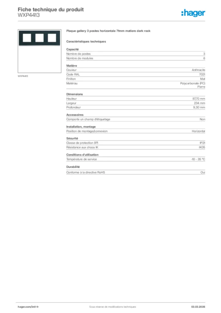 Image Hager Fiche technique du produit WXP4413 | Hager Afrique