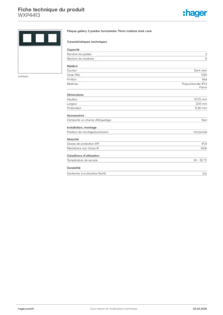 Image Hager Fiche technique du produit WXP4413 | Hager France