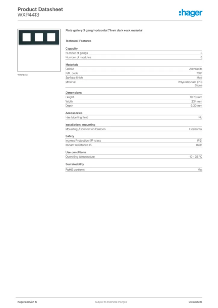 Image Hager Product data sheet WXP4413  | Hager