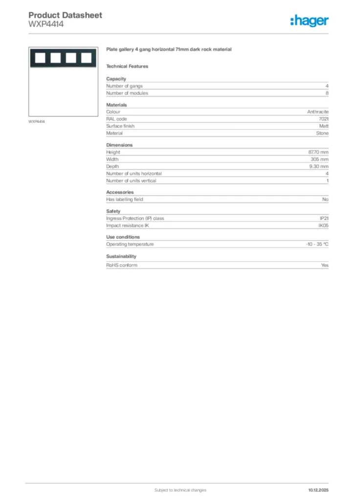 Image Hager Product data sheet WXP4414  | Hager Africa