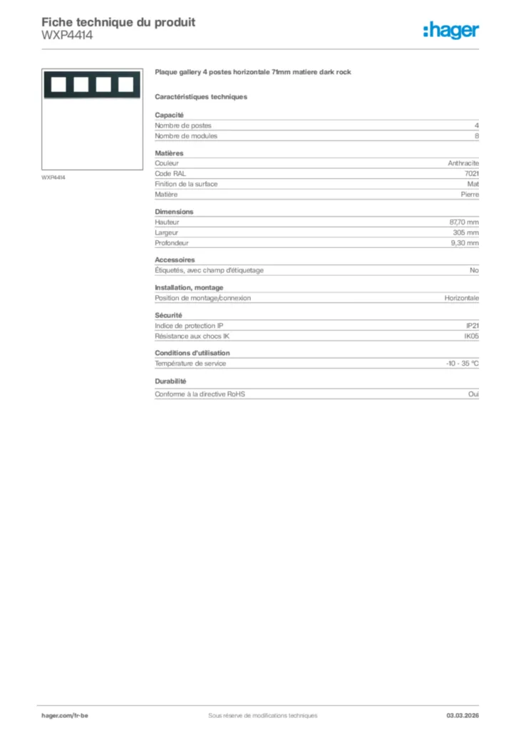 Image Hager Fiche technique du produit WXP4414 | Hager Belgique