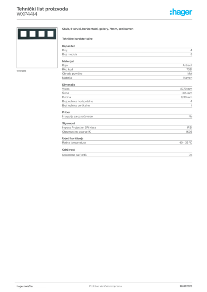 Slika Hager Product data sheet WXP4414  | Hager
