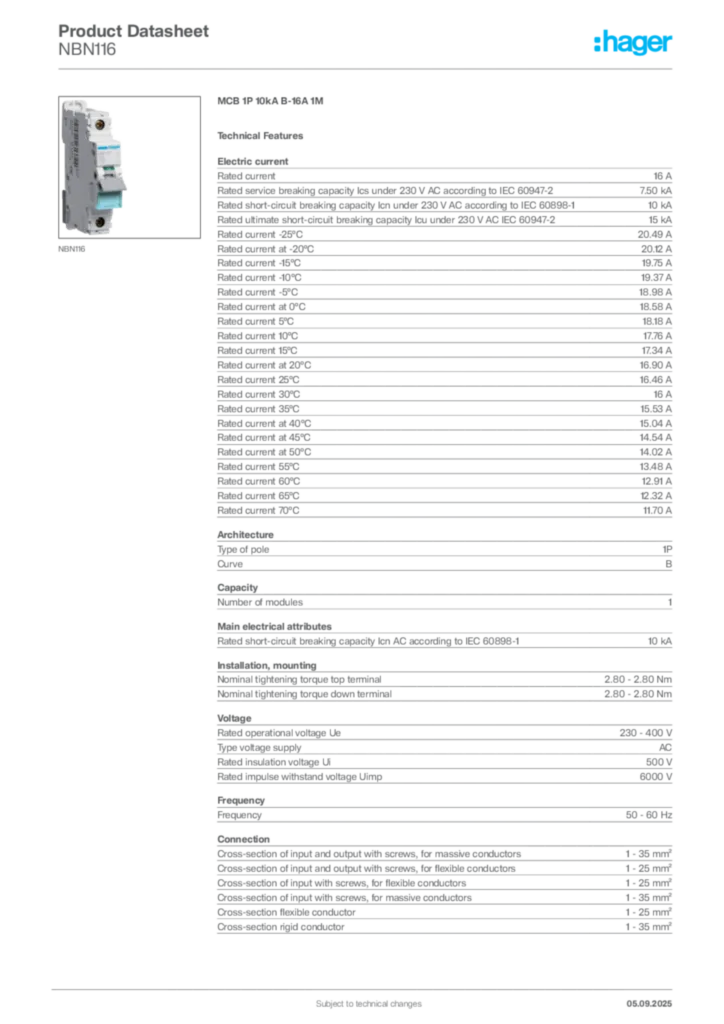 Image Hager Product data sheet NBN116  | Hager