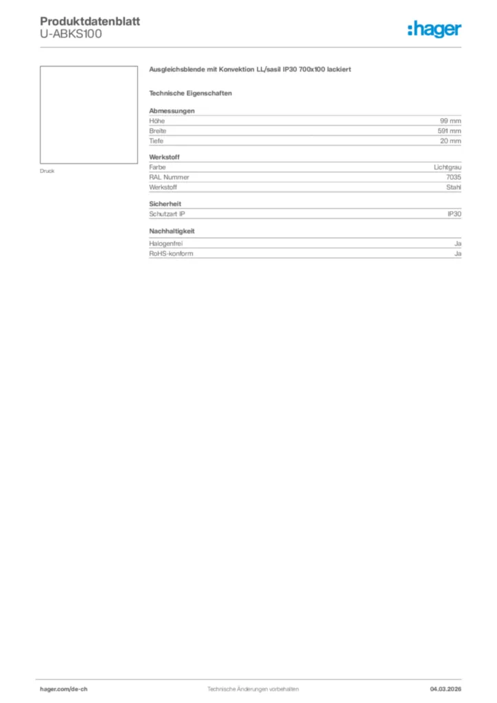 Bild Hager Produktdatenblatt U-ABKS100 | Hager Schweiz