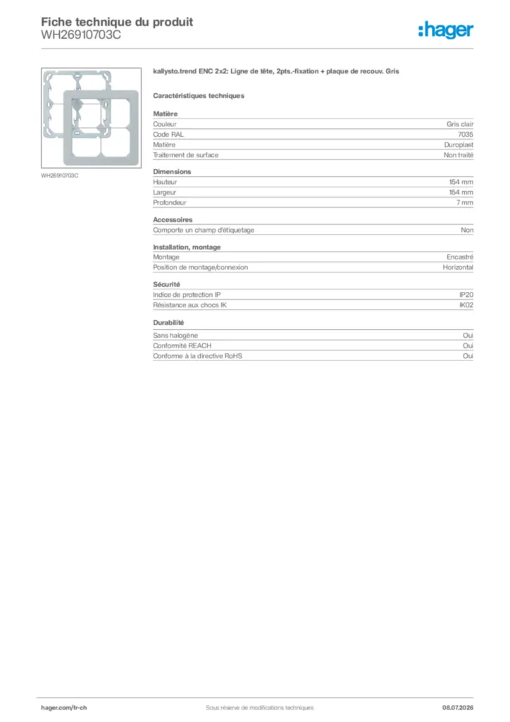 Image Hager Fiche technique du produit WH26910703C | Hager Suisse