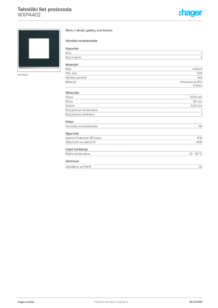 Slika Hager Product data sheet WXP4402  | Hager