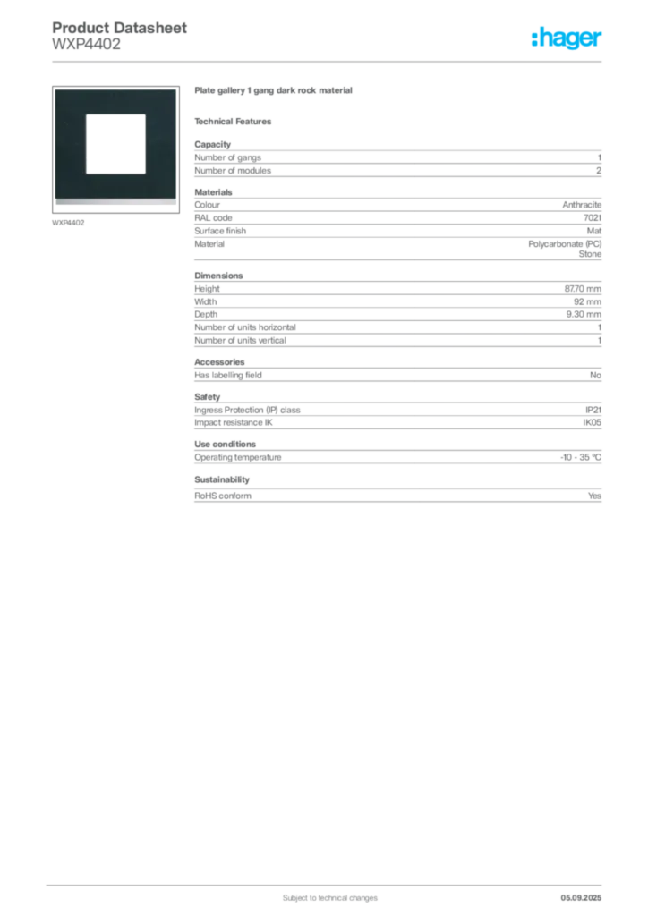 Image Hager Product data sheet WXP4402  | Hager