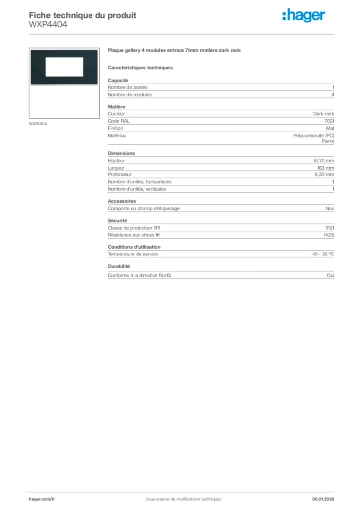 Image Hager Fiche technique du produit WXP4404 | Hager France