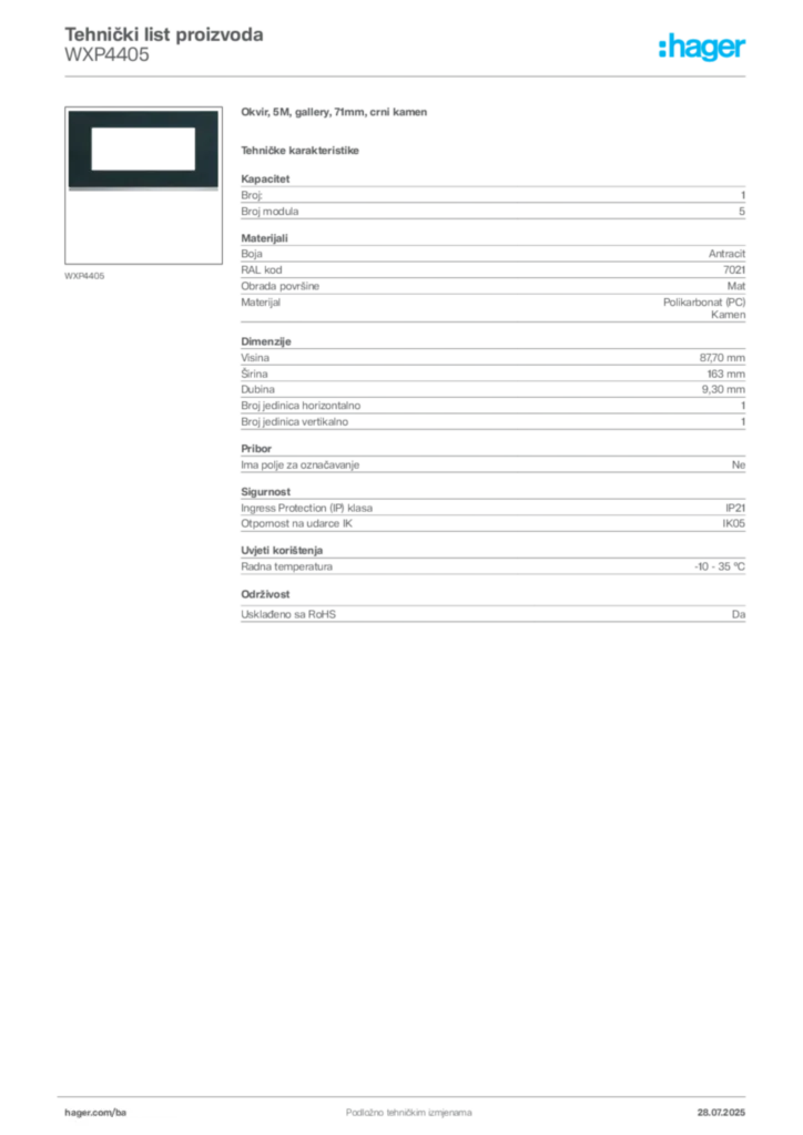 Slika Hager Product data sheet WXP4405  | Hager