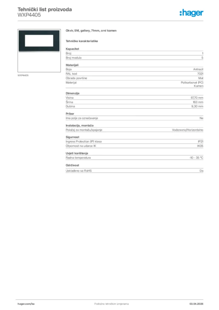 Slika Hager Tehnički list proizvoda WXP4405  | Hager