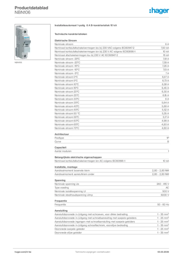 Afbeelding Hager Productdatablad NBN106 | Hager Belgium