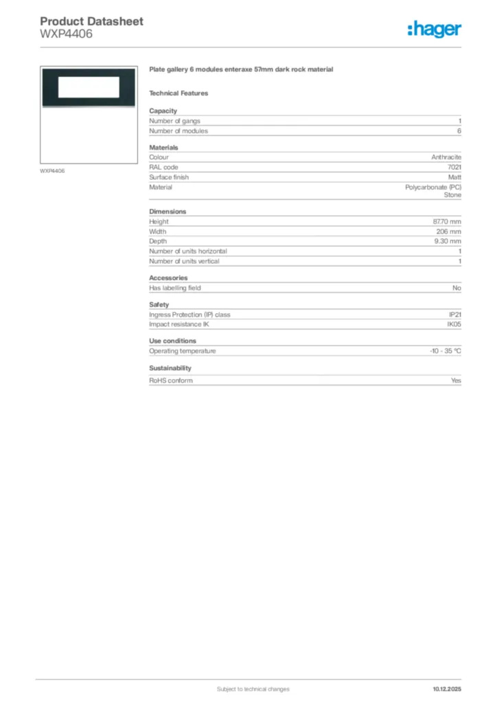 Image Hager Product data sheet WXP4406  | Hager Africa