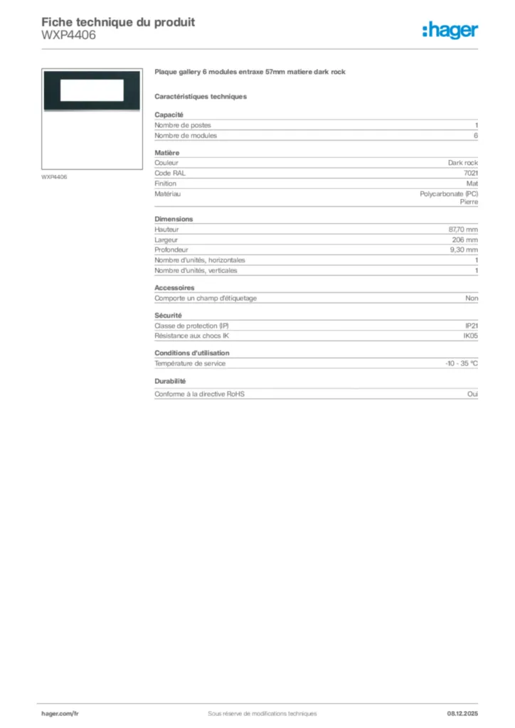 Image Hager Fiche technique du produit WXP4406 | Hager France